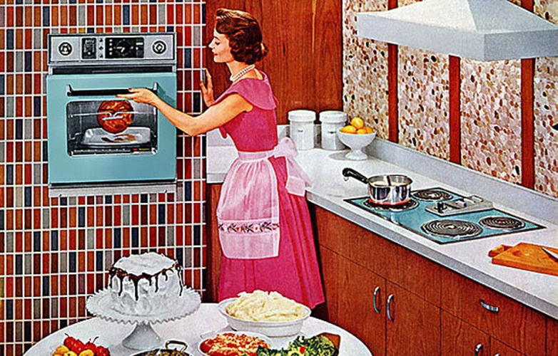 Drawing of a woman in a 1950's American kitchen using the controls of an oven