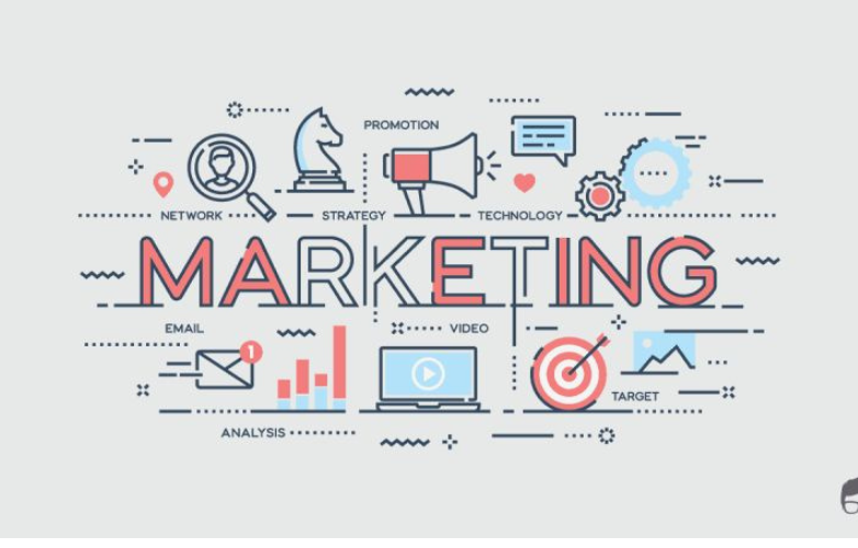 Illustration with the word Marketing in the centre in red and white Around the word there are various symbols including a laptop a target and a megaphone